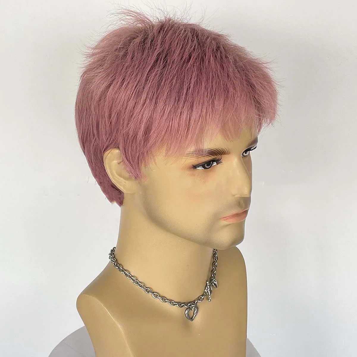 Men\'s Pink Synthetic Wig Natural Short Layered Wig Pixie Cut Hair Heat Resistant Fiber Fluffy Full Wig for Male