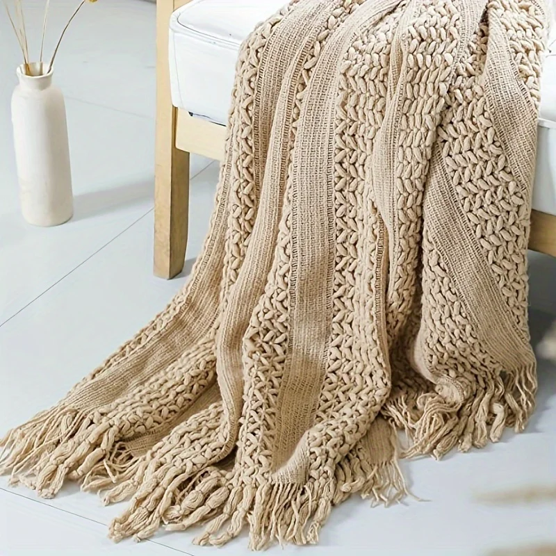 Comfortable Knitted Shawl Blanket With Tassels Soft, Lightweight, Warm Suitable For Sofas, Beds, Travel - Farmhouse Style, Khaki