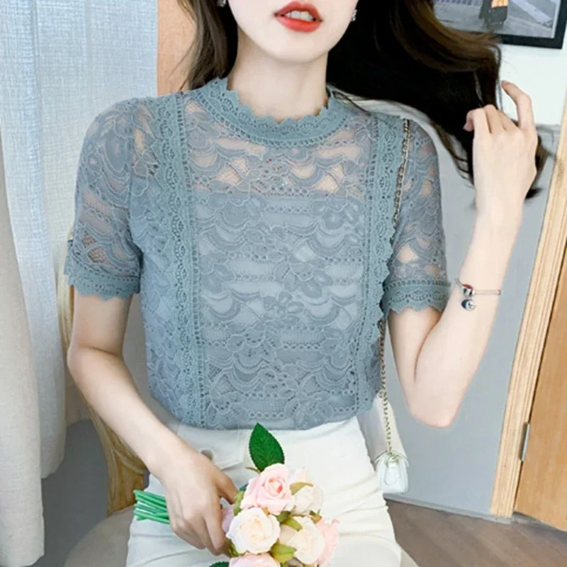 Summer White Lace Tops Women 2024 Sexy Korean Fashion Y2k Clothes Short Sleeve Hollow Slim Ladies Casual Blouses Chiffon Shirts