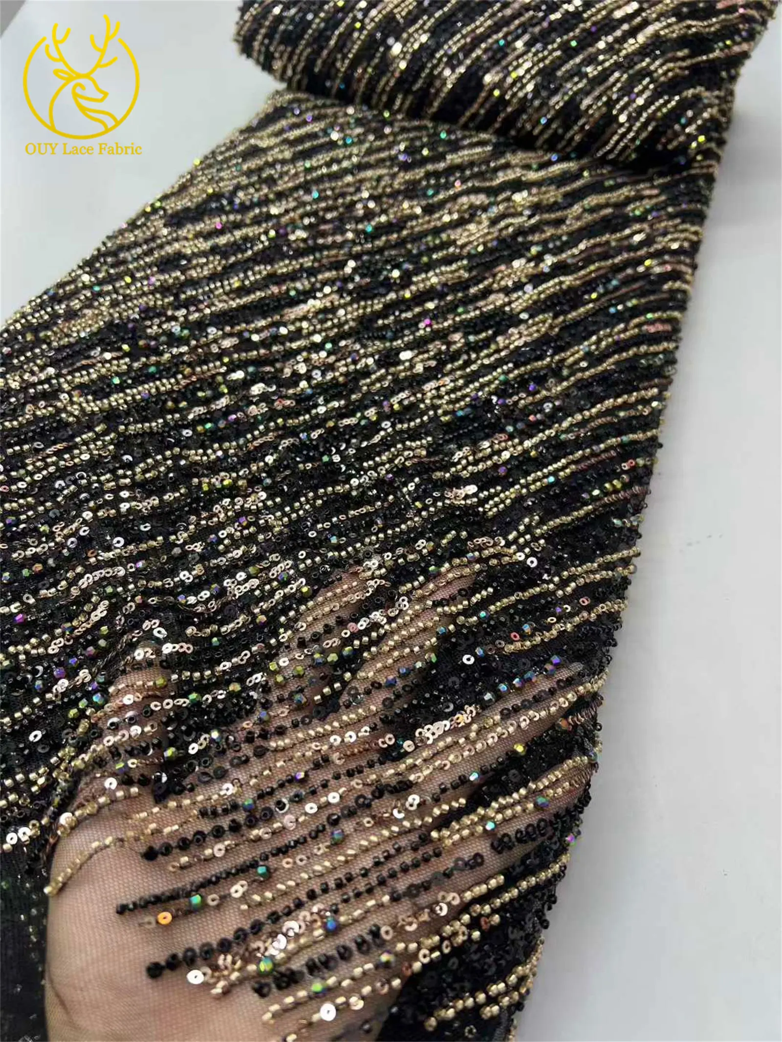 アフリカカラービーズレース生地2025高品質高級フレンチブラックスパンコールレース生地、女性用パーティーイブニングドレス用