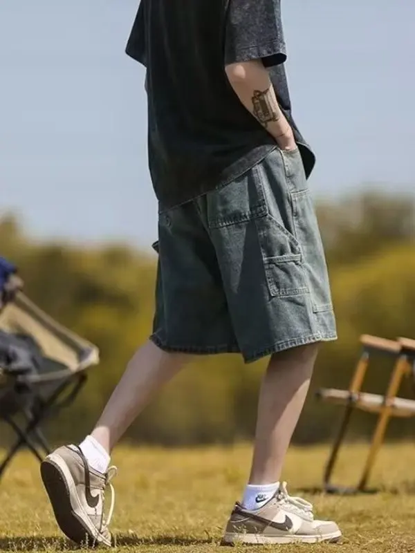 الرجعية الأمريكية Waed مستقيم الساق الدنيم orts الرجال الصيف العصرية الهيب هوب الشارع فضفاض واسعة الساق خمسة orts لباس غير رسمي #4