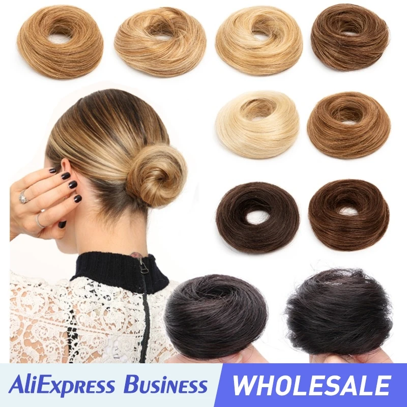 Wholesales Human Hair Buns Chignon Ponytail Hairpiece Updo Donut Real Hair Extensions Flexible Elastic Band Brown Blond