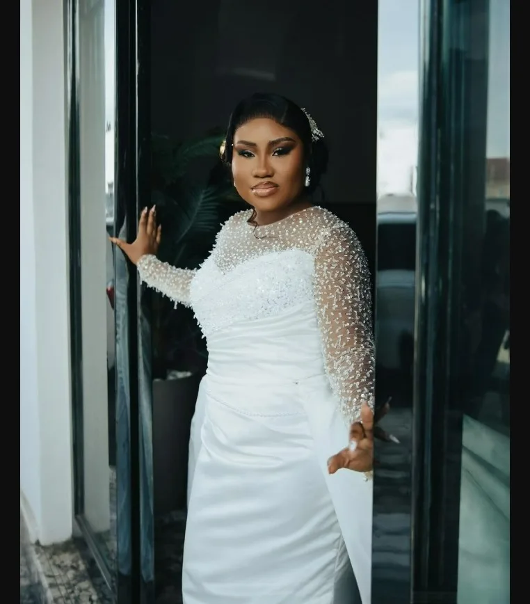 Vestido de novia de sirena con cuentas brillantes de lujo personalizado para novia, mangas largas, vestidos de novia de talla grande con falda extraíble