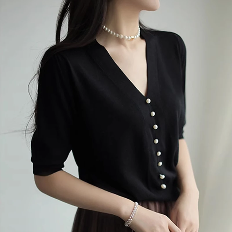 ニットウェア新しいビーズ V ネックニットセーター女性プルオーバー半袖ニットセータープルオーバー女性トップスセーター Feminino G17