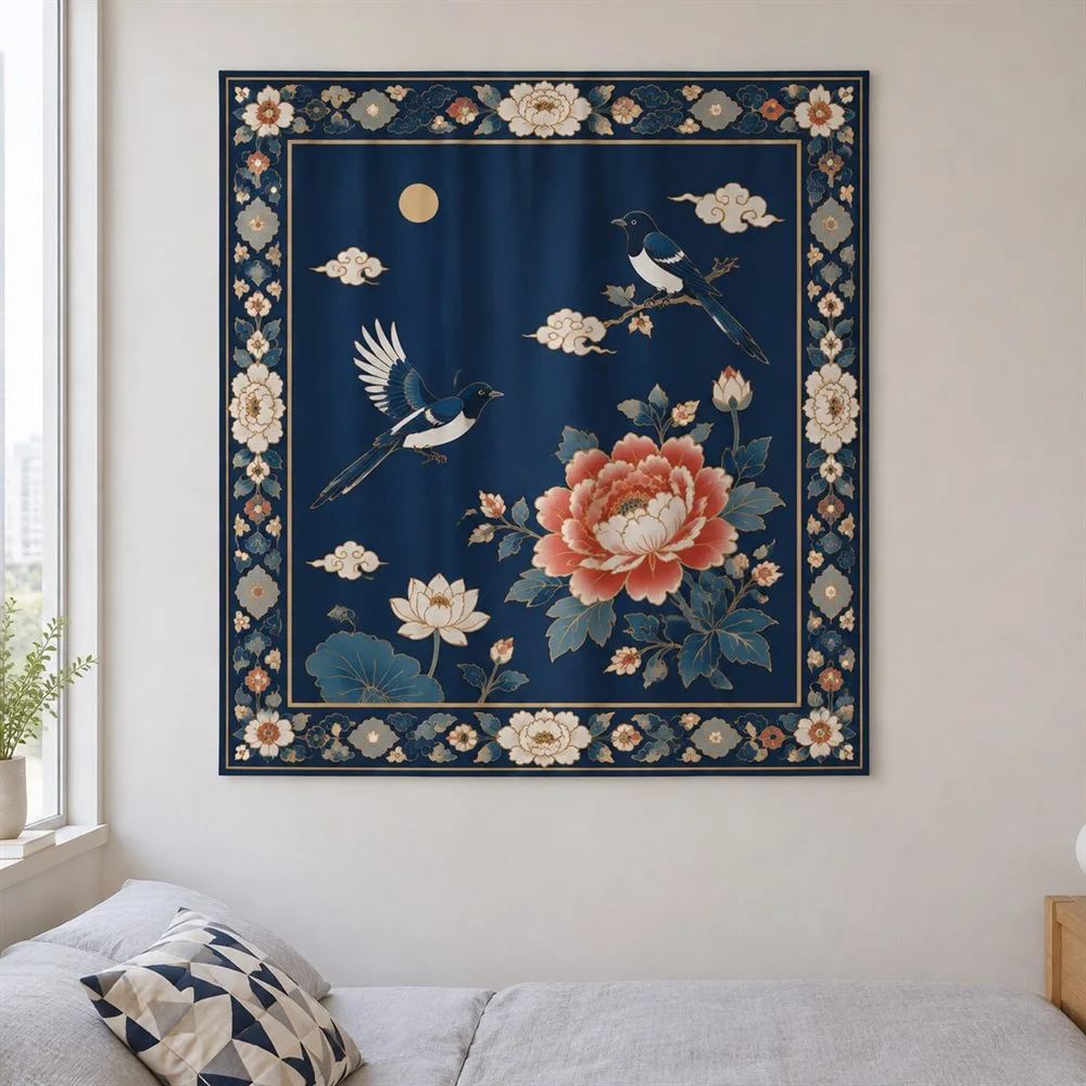 VIKAMA Korean Minhwa Folk Tapestry Wall Hanging, HD Print Washable Wall Art, Asian Decor for Living Room Bedroom Study Entryway