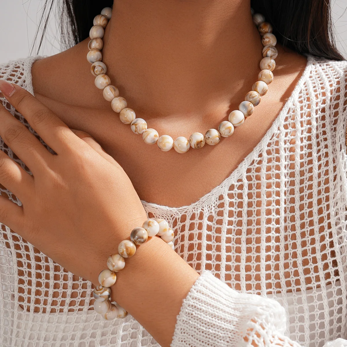 Women's Retro Elastic Round Bead Chokers & Bracelets Set