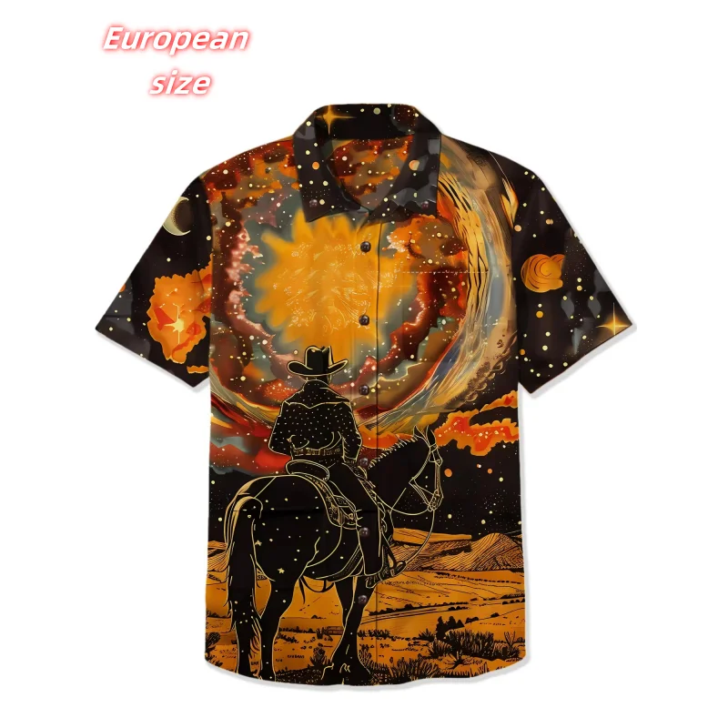 

Starry Sky Cowboy Pattern Hawaiian Shirt For Men Horse Planet 3D Printed Blouse Summer Short Sleeve Lapel Tops Aloha Shirts