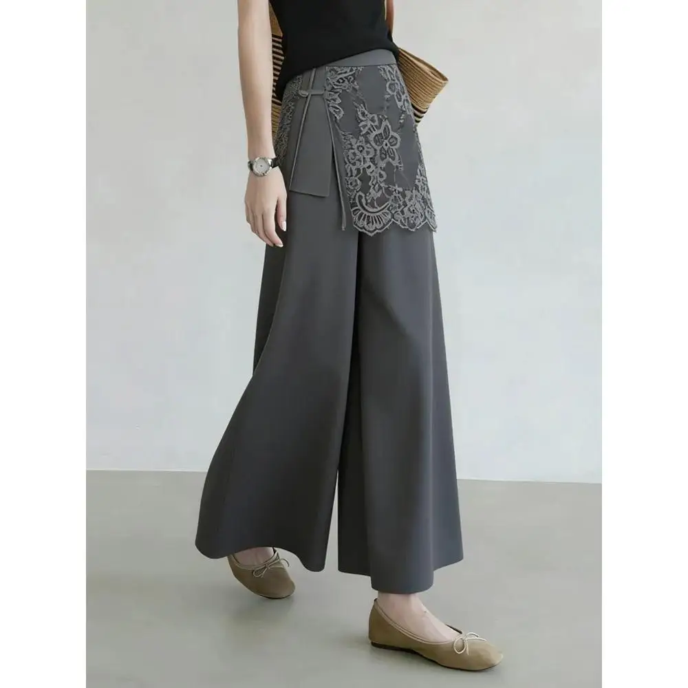Grey Lace Suit Pants Women's Summer 2026 Elegant Design Hip Concealing Wide Leg Pants High Waist Cotton Polyester Blend