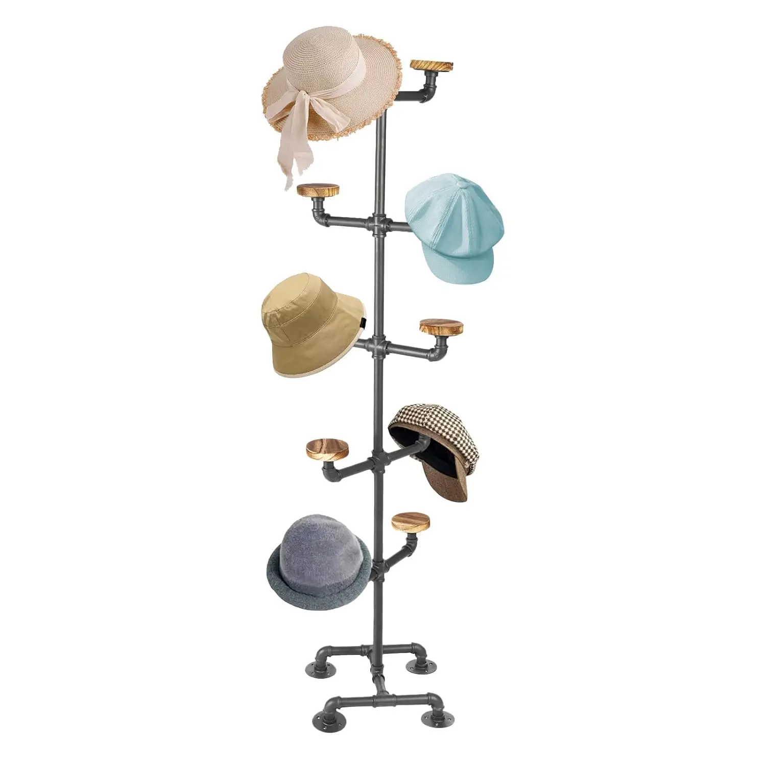 Industrial Hat Rack Stand, 5 Tier 10 Round Hat Hangers Hat Display Stand Freestanding Organizer Rack Display Stand for Wig