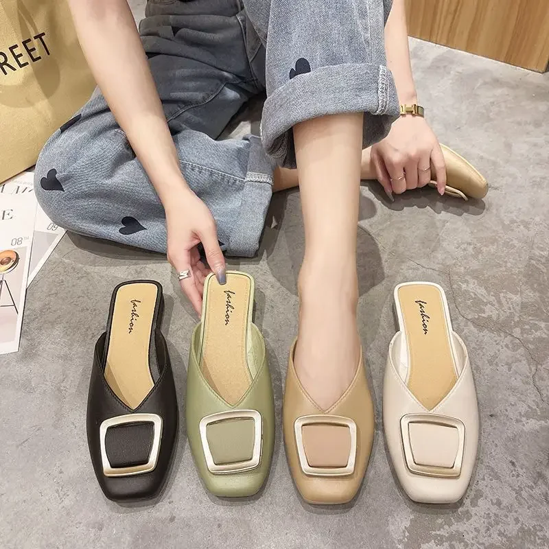 Low Heel Indoor Leather Women\'s Slippers and Ladies Sandals Outside Shoes Soft Job Slides Pearl Mules Natural Skin Footwear Pvc