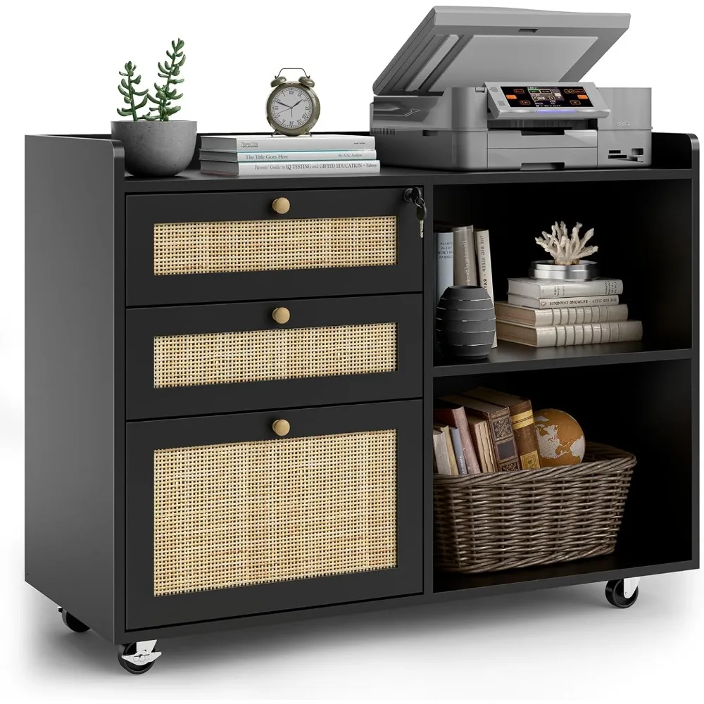 

3 Rattan Drawer Lateral Filing Organization Storage Cabinets with Lock,Home Office Organizer for Hanging Files Letter/A4 Size
