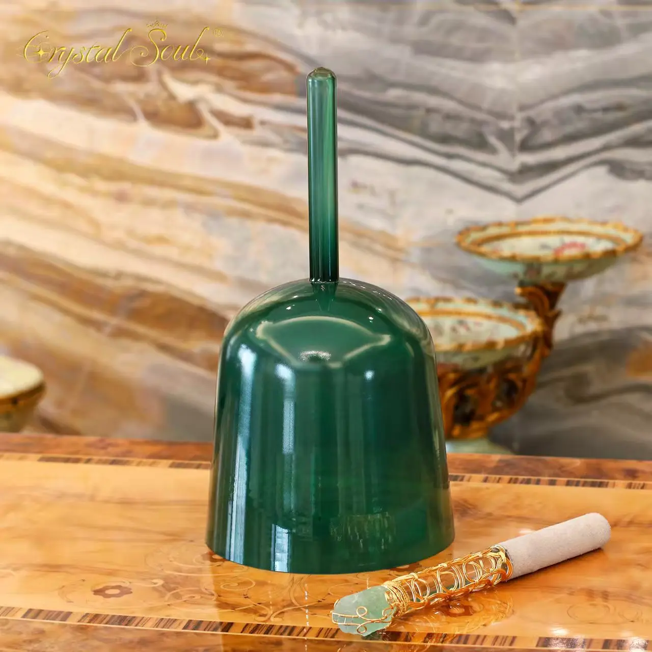 

Crystal Soul Peacock Green Handheld Alchemy Crystal Bowl for Sound Healing Handheld Crystal Singing Bowl