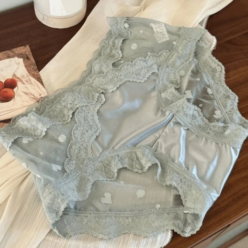 Fashion Satin Silk Lace Flower Panties Low Waist Transparent Lace Mesh Briefs Love Heart French Style Briefs Spring Summer