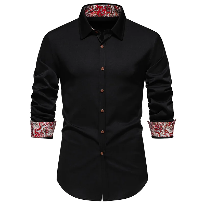 Spring New Men\'s Triangle Neck Cashew Flower Colored Long Sleeved Casual Slim Fit Comfortable Shirt