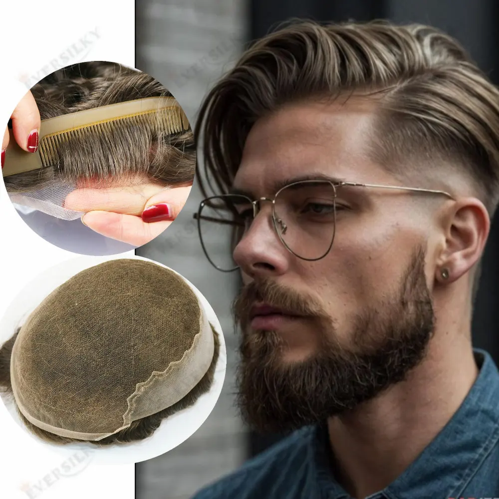 

Dark Blonde Grey Q6Swiss Lace&PU Base Breathable Men Toupee Replacement System Natural Human Hair Wig Men's Capillary Prosthesis