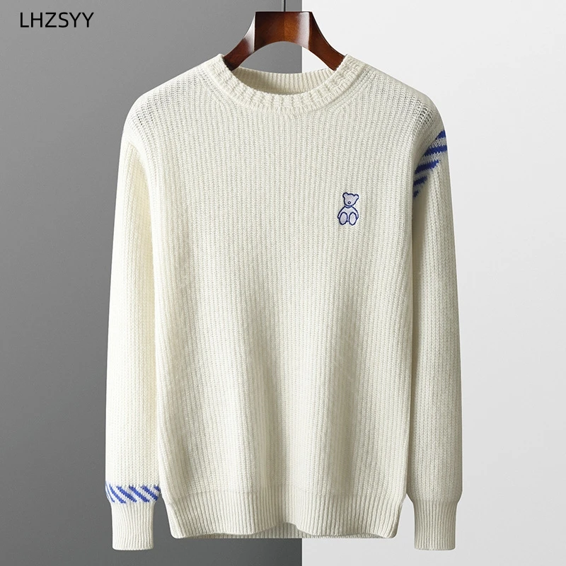 LHZSYY 100%Pure Wool Sweater Men's Embroidered Thicken Pullovers Winter New Large Size Tops Casual Warm Cashmere Knit Base Shirt