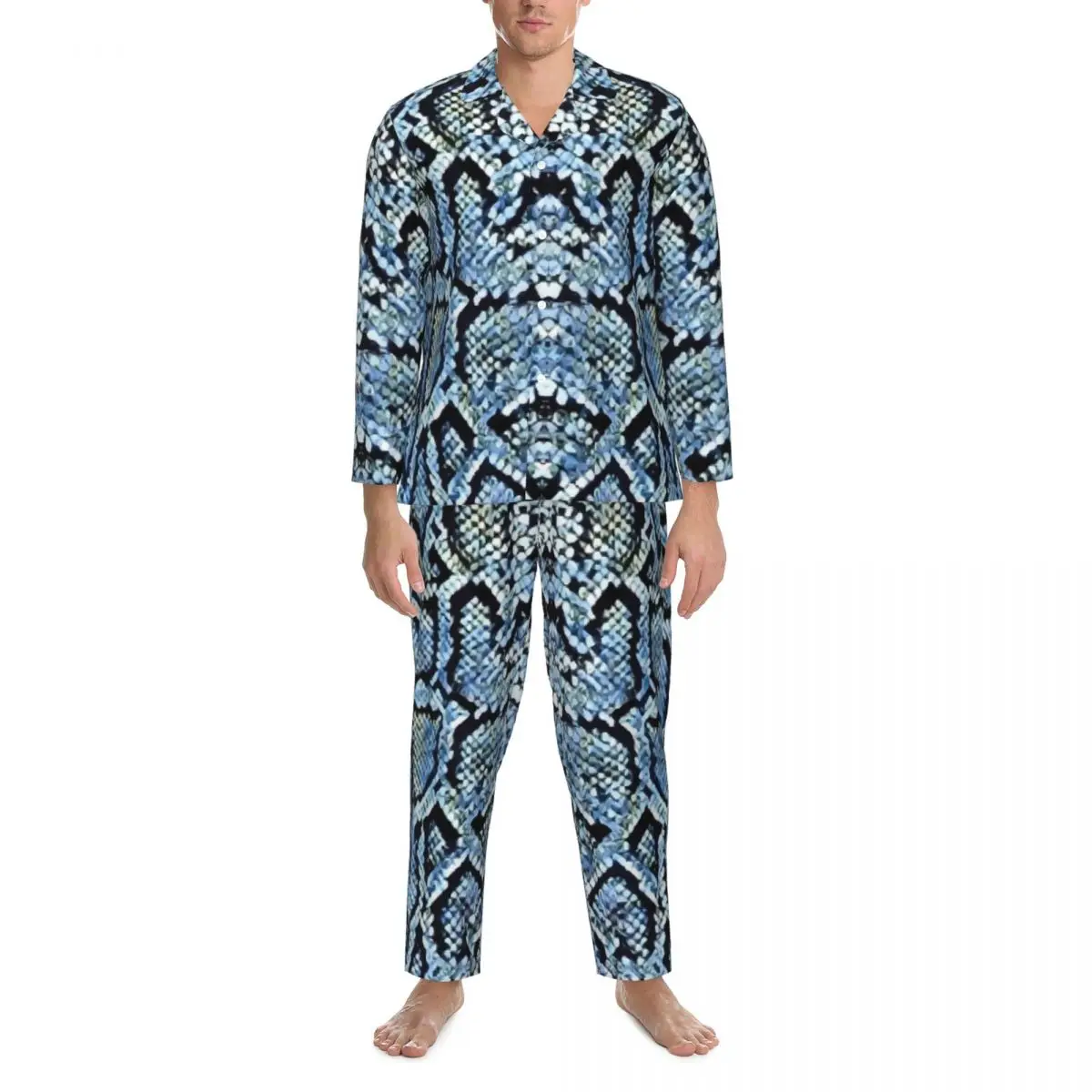 Pijamas estampados de pele de cobra, primavera, azul e cinza, vintage, grande, conjunto masculino, manga longa, kawaii, quarto, roupa de dormir personalizada