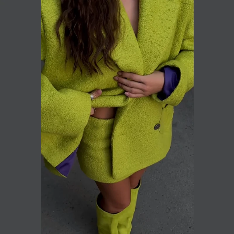 

Chic Woolen Suit Jacket Skirt Set Long Sleeve Lapel Single Button Coat Skirt 2-Piece Set 2025 Autumn Winter Women's Streetwear