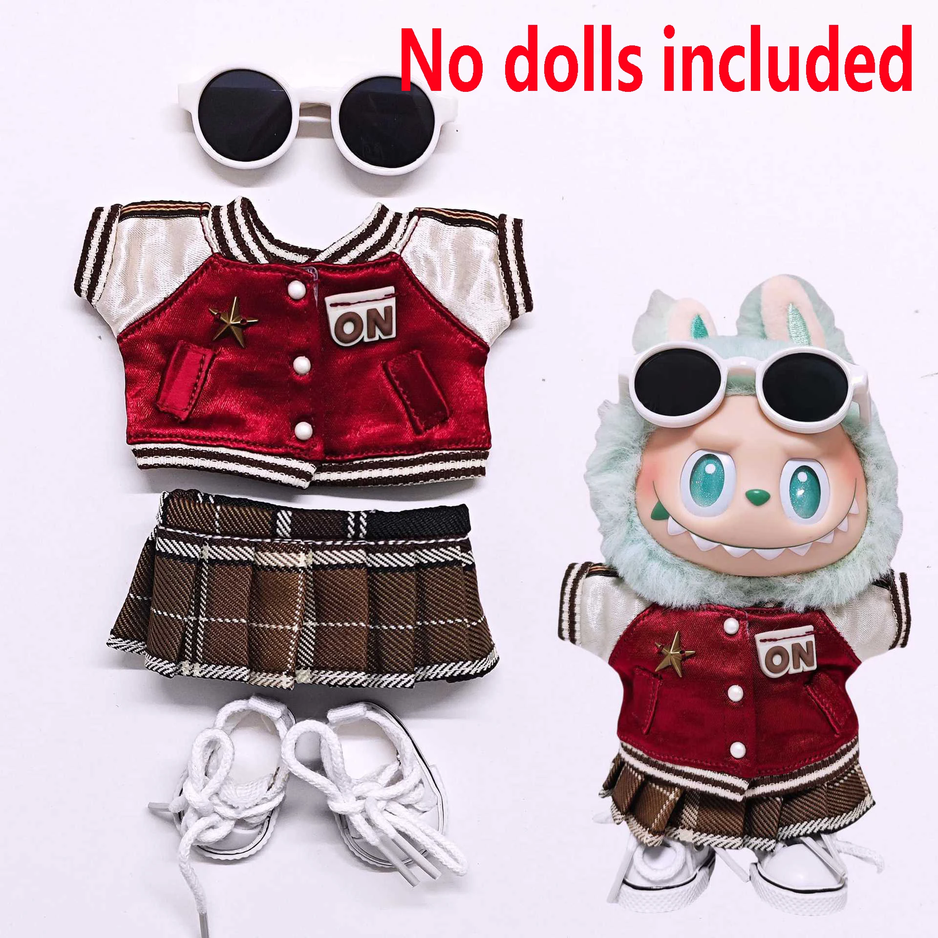 Roupas de bebê labubu de alta qualidade, 15cm - 17cm, jaqueta de beisebol vermelha, calças, conjunto de sapatos, roupas universais labubu