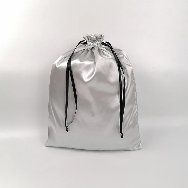 50PCS Silver Silk Satin Hair Packaging Bag Hair Extensions/Makeup/Home Storage/Shoes/Clothes Drawstring Gift Bags Custom Logo