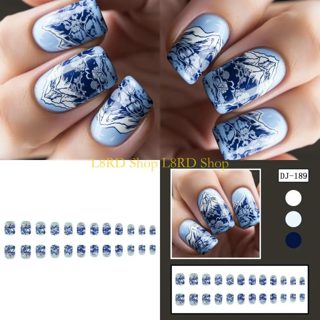 L8RD 24 قطعة اضغط على الأظافر الصناعية ذات الألوان المائية الصينية لفافات الأظافر لعشاق الموضة #1