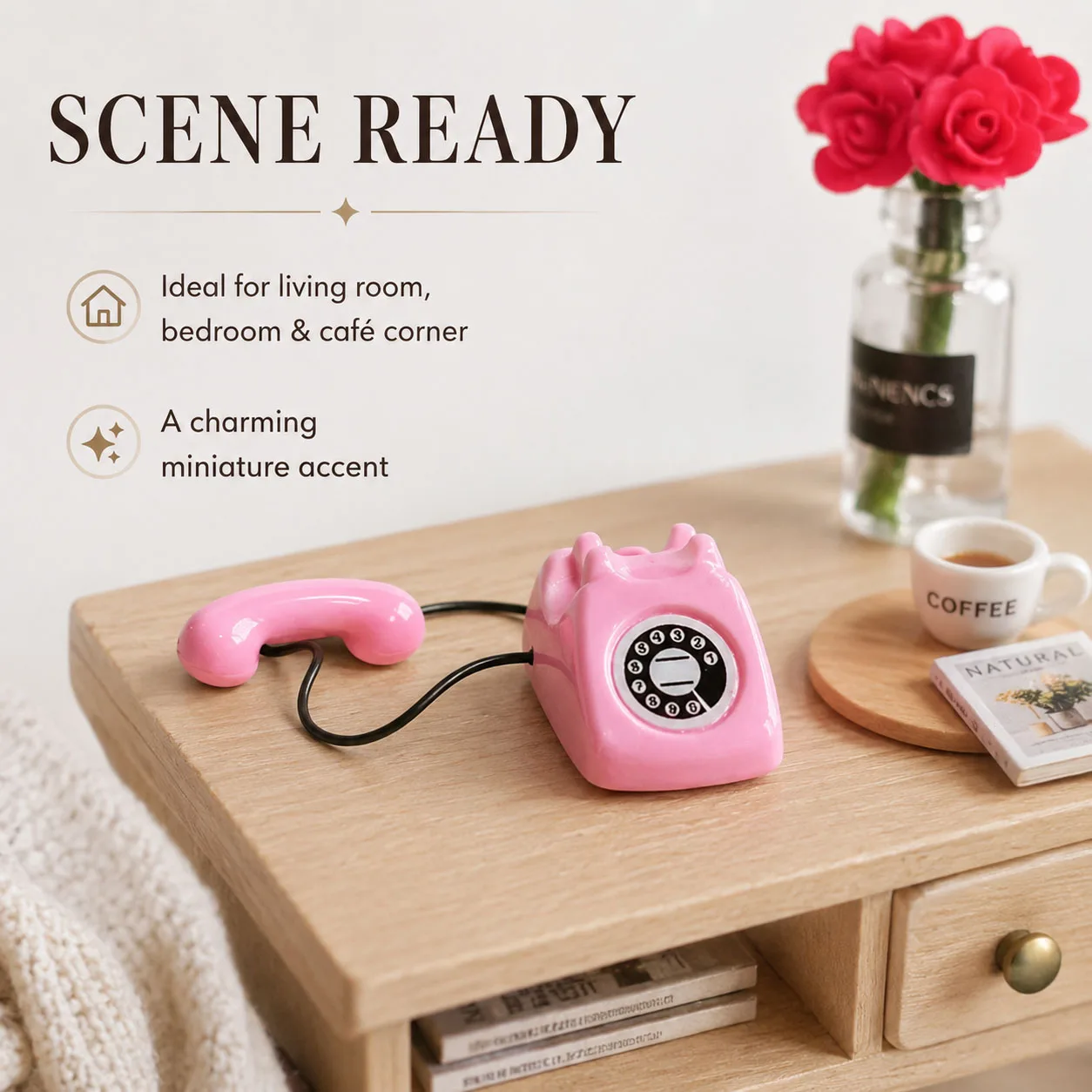 1:12 Mini Retro-Telefon Puppenhaus-Dekoration, Vintage Wählscheiben-Telefonmodell mit Kabel, Winziges Schreibtisch-Telefonzubehör – Detail 3
