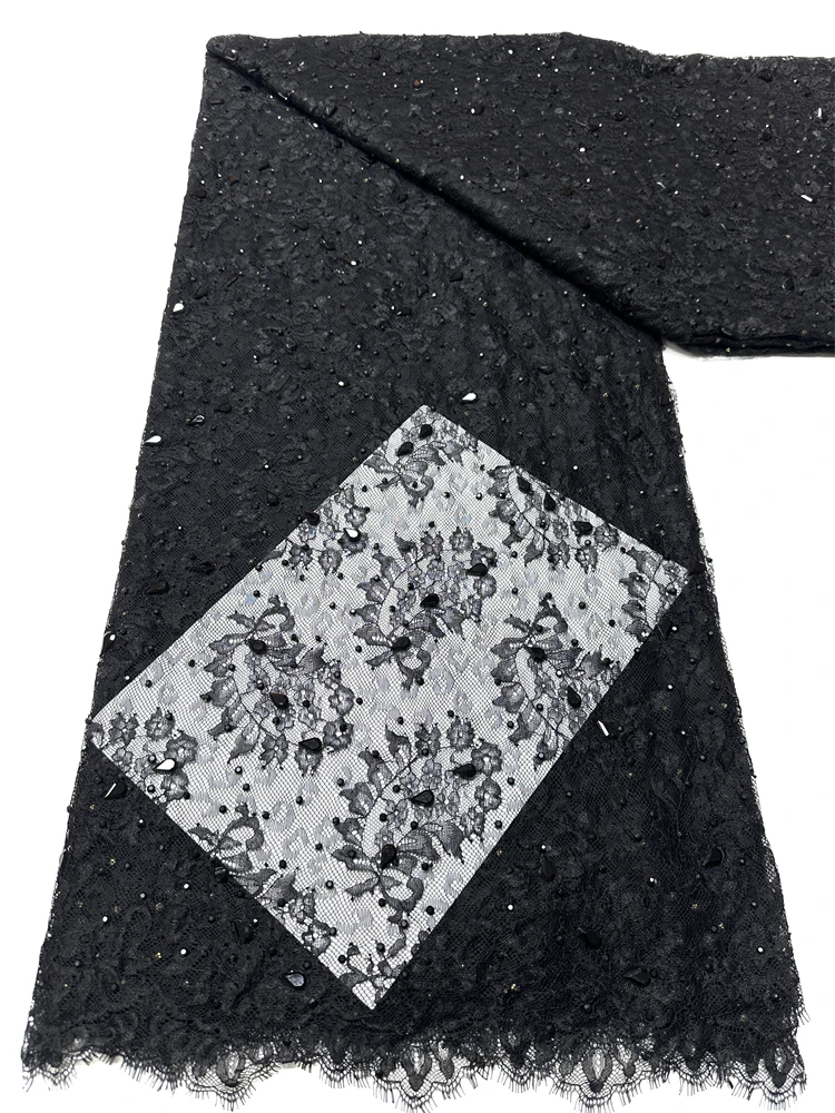 Black Gold Luxury French Glass Rhinestone Lace Fabric 2026 High-Quality Luxury Nigerian Stone Lace Fabric Party Dress Material