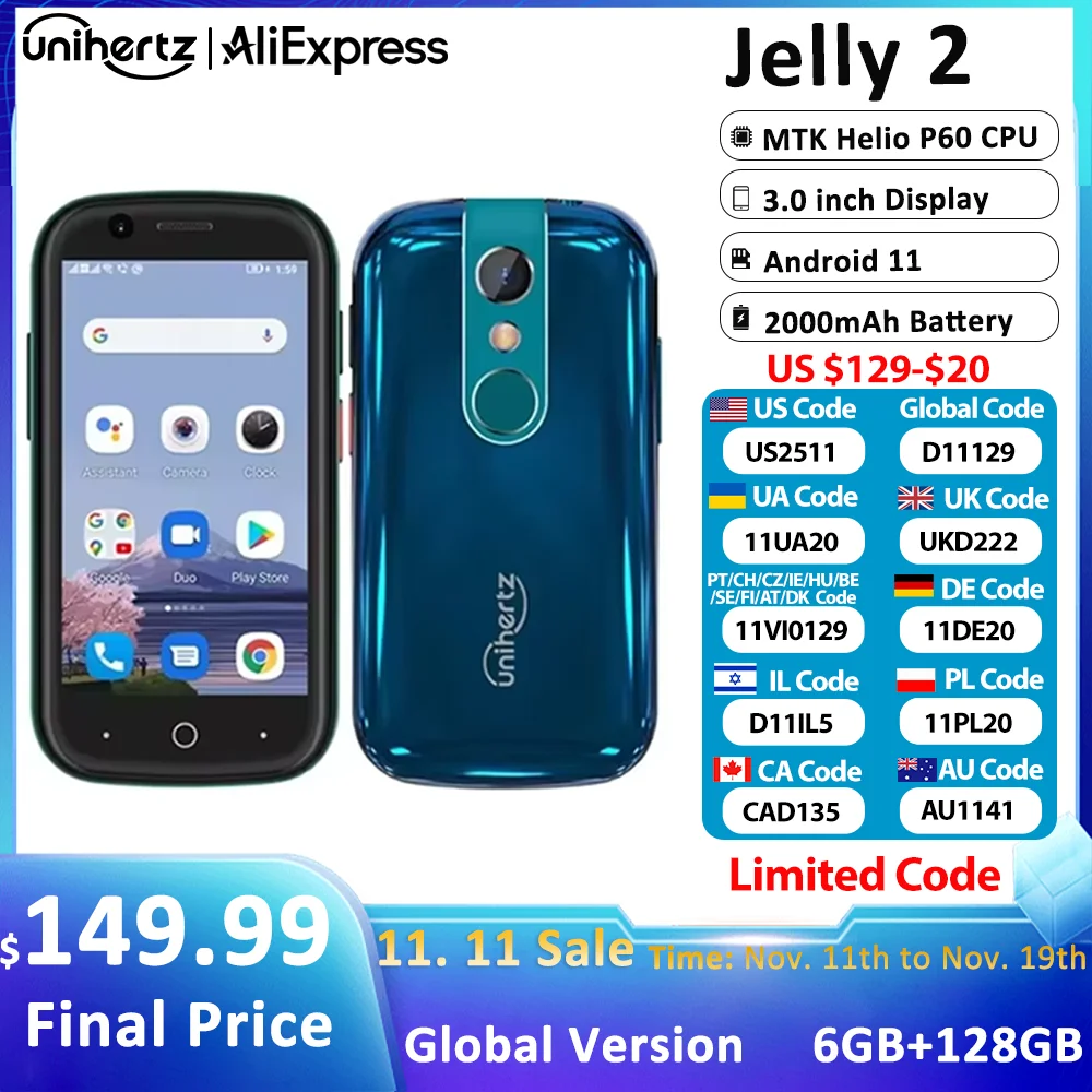 Unihertz Jelly 2 Mini Smartphone 6GB 128GB Android 11 Helio P60 Octa Core Unlocked NFC Cellphone 16MP Infrared Phone