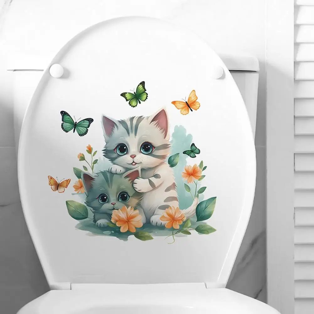 Bathroom Decoration Sticker Cartoon Cat Toilet Sticker Whimsical Cartoon Cat Butterflies Toilet Sticker Waterproof Pvc for Room