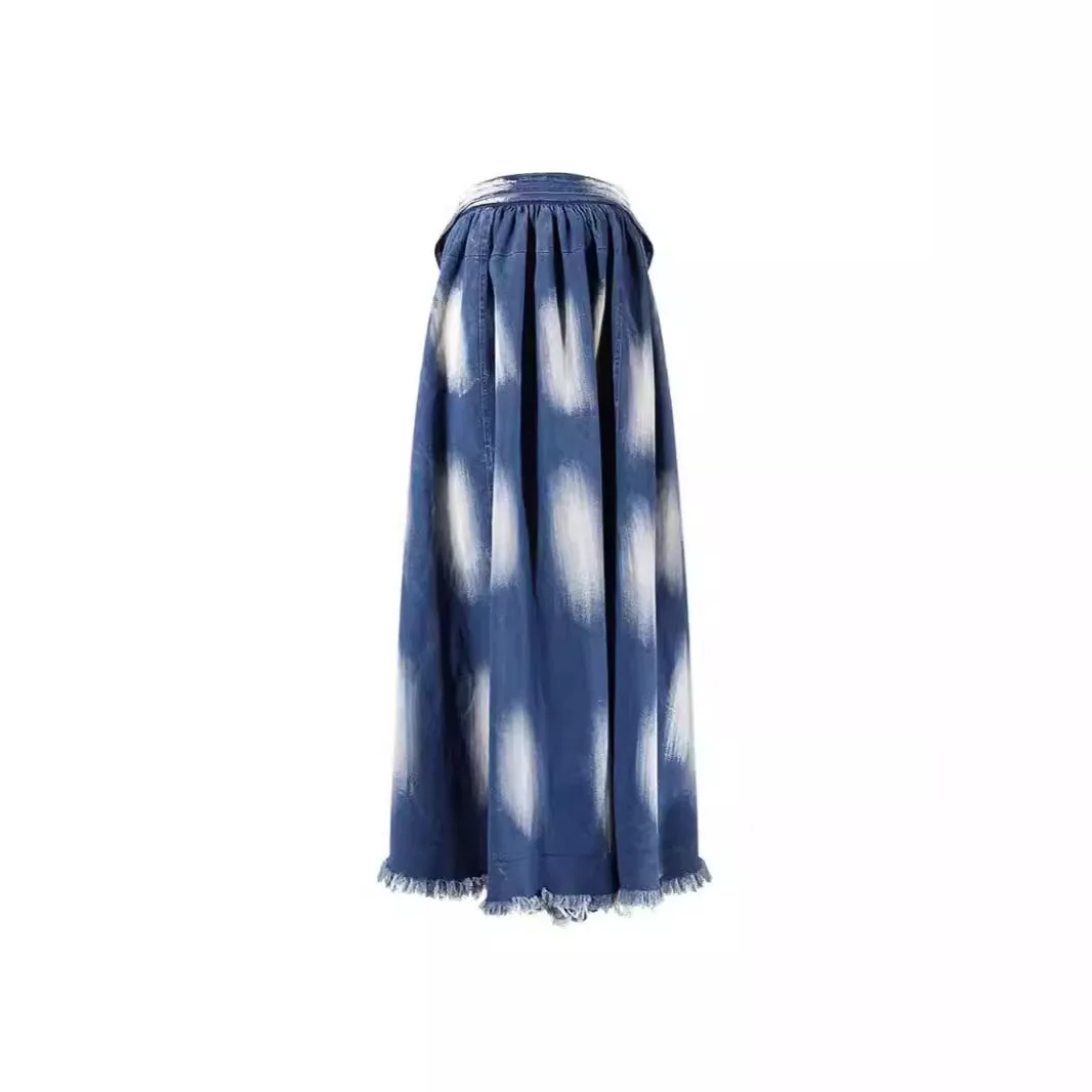 2024 Summer Dress New Tie Dye Hem Tassel Tied Waist Design Sense Long Loose And Fashionable Temperament Half Skirt For Women