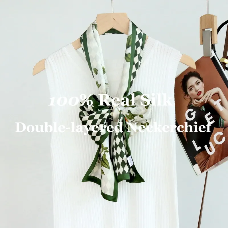 

Luxury Skinny Narrow Neckerchief Long Silk Scarf Double Layer Headkerchief 100% Real Silk Neck Wrap Hair Ribbon Scarf Hairband