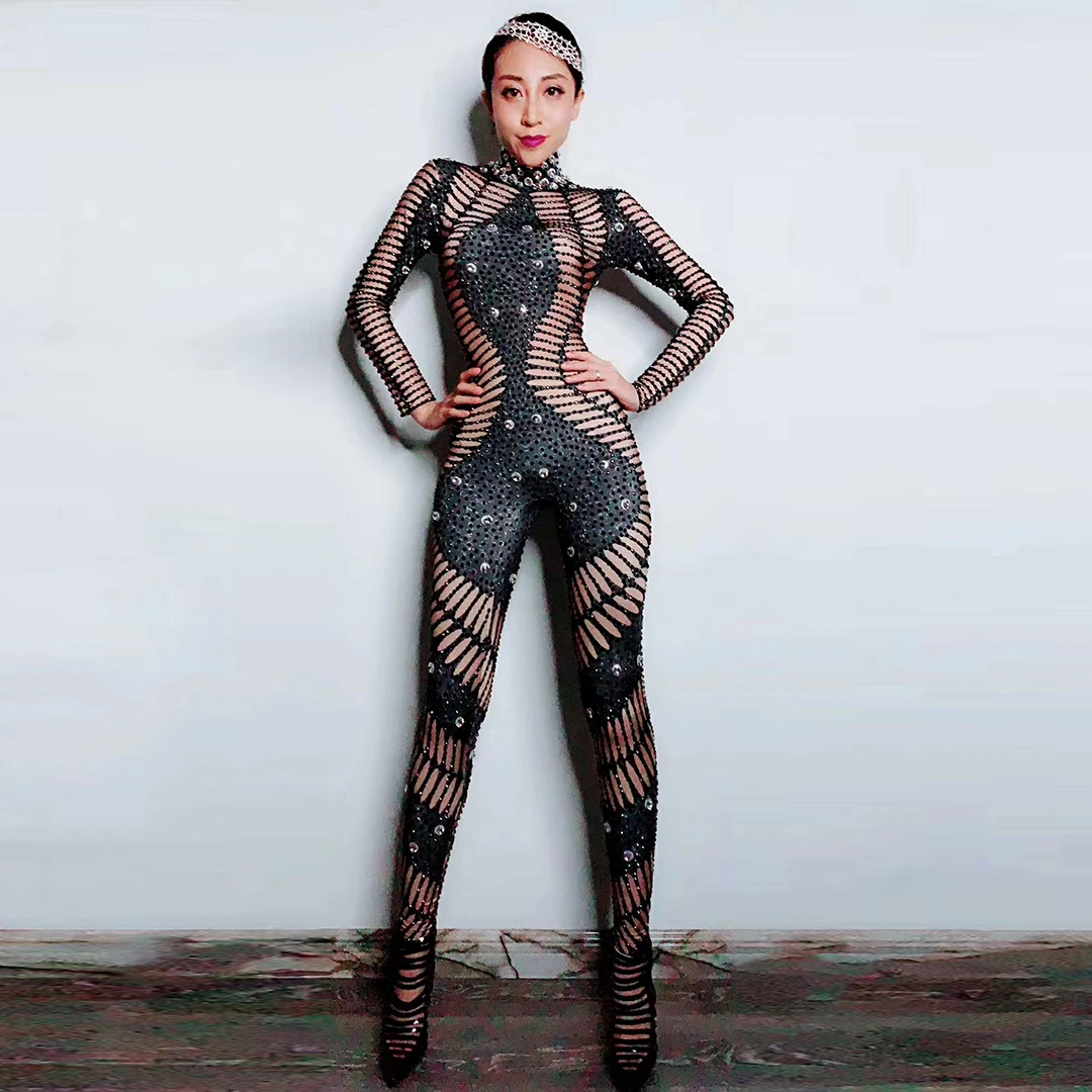 

Black Spandex Elastic Long Sleeve Tight Fitting Jumpsuit Sparkly Rhinestone Printing Stage Show Outfit Club Party Wear hanxiucao