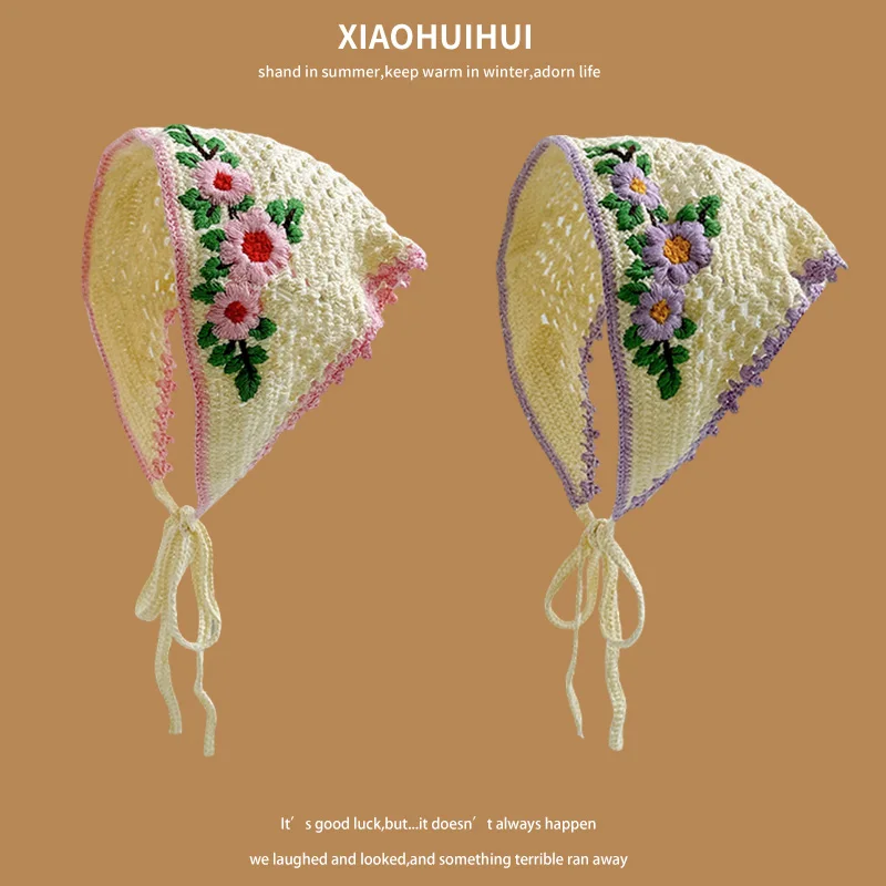 

Французская вязаная крючком треугольная повязка на голову ручной работы, женская новинка 2025 года, летняя вязаная повязка на голову для отдыха на море, полый платок, шапка