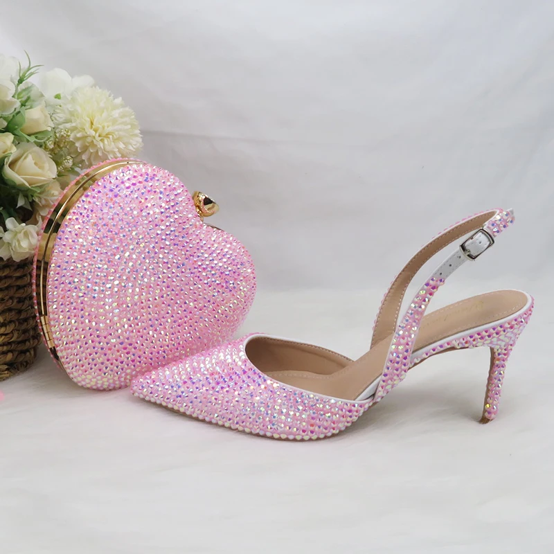 2022 New Arrival Heart Pink AB Bling Pointed Toe Wedding Shoes and bag Woman High Pumps Thin Heel Party Shoes woman Slingbacks