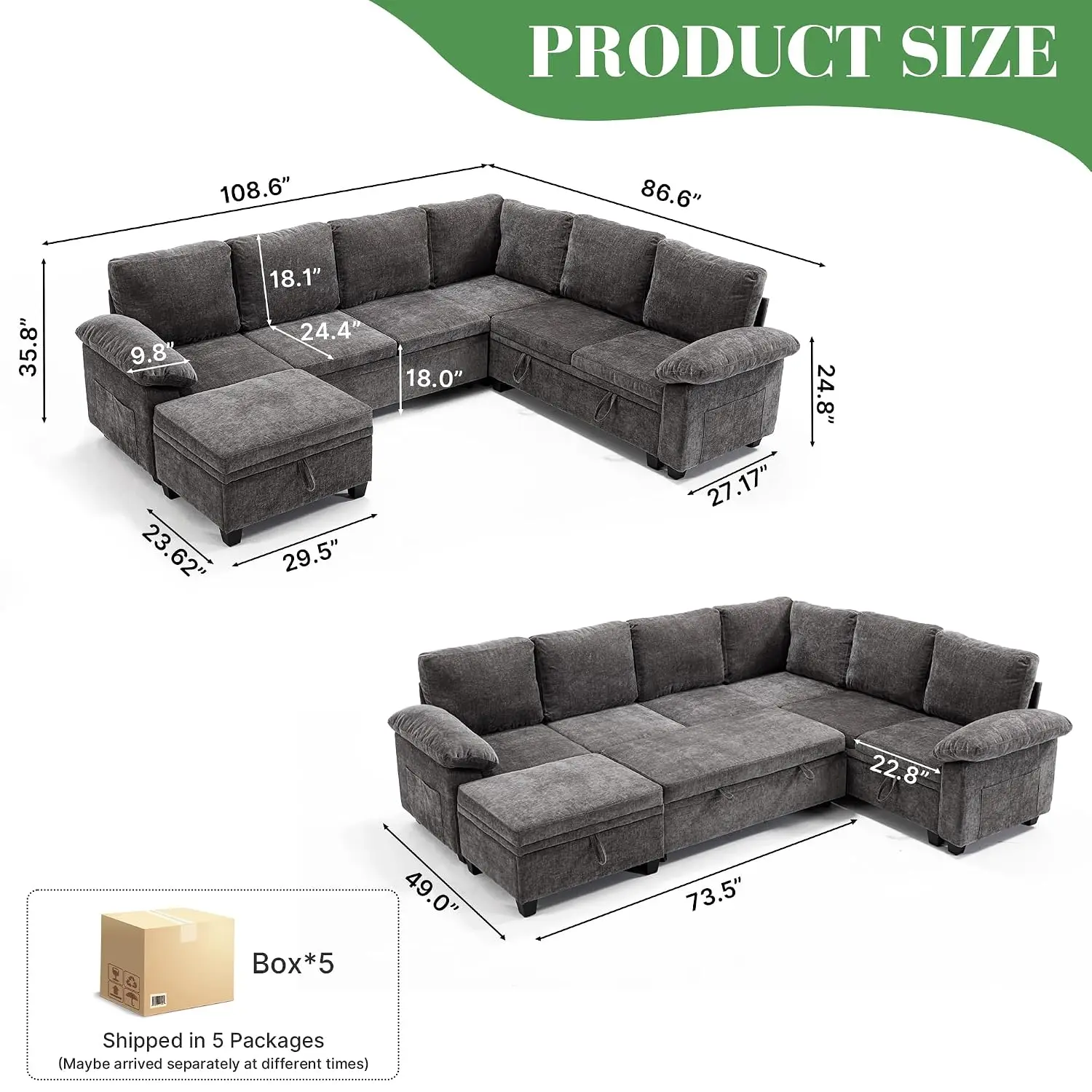 Modular Sectional Sofa with Pull Out Bed Sleeper Sofa L Shaped with Storage, Sectional Couch for Living Room, Customized