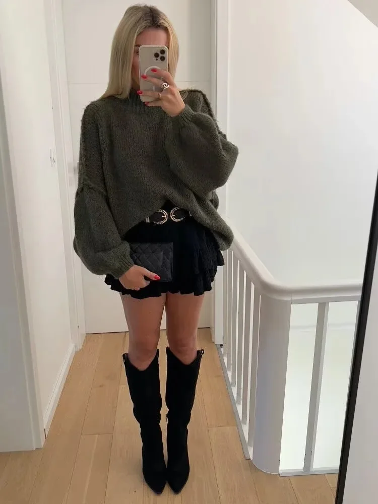 

2024 Fashion Autumn Lantern Long Sleeve Women Loose Sweater Solid Female Half High Collar Chic Knit Pullover Streetwear Knitwear