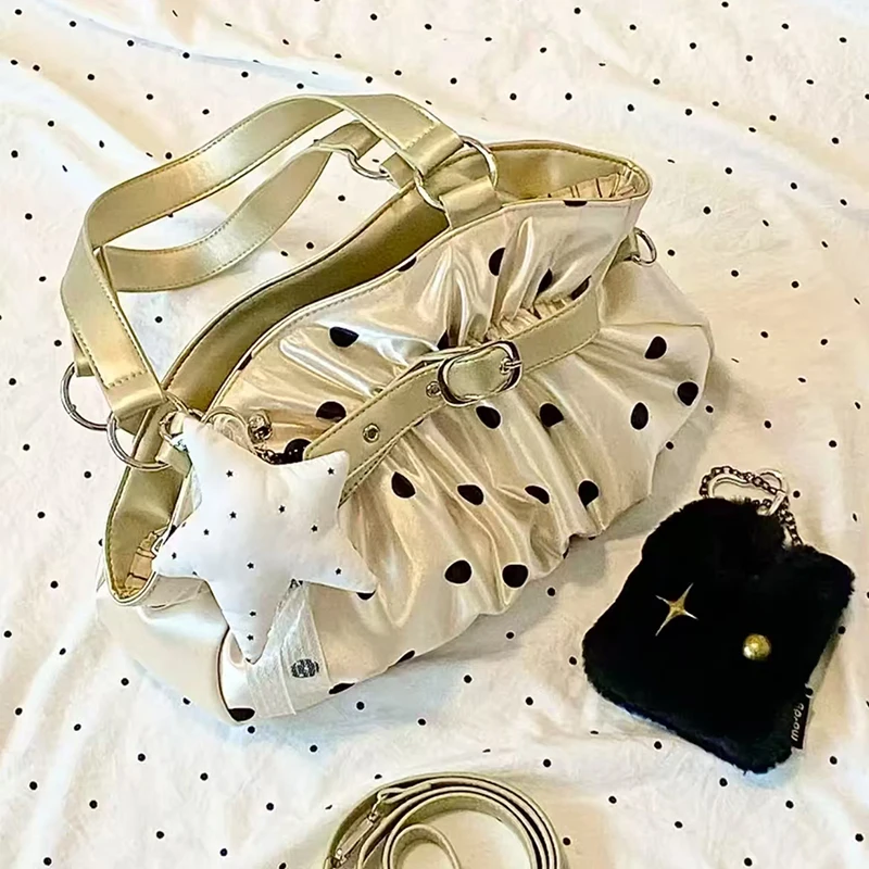 

Stylish Satin Champagne Polka Dot Tote Bag, Belt Buckle Decoration Large Capacity Shoulder Handbag, Pleated Women's Purse