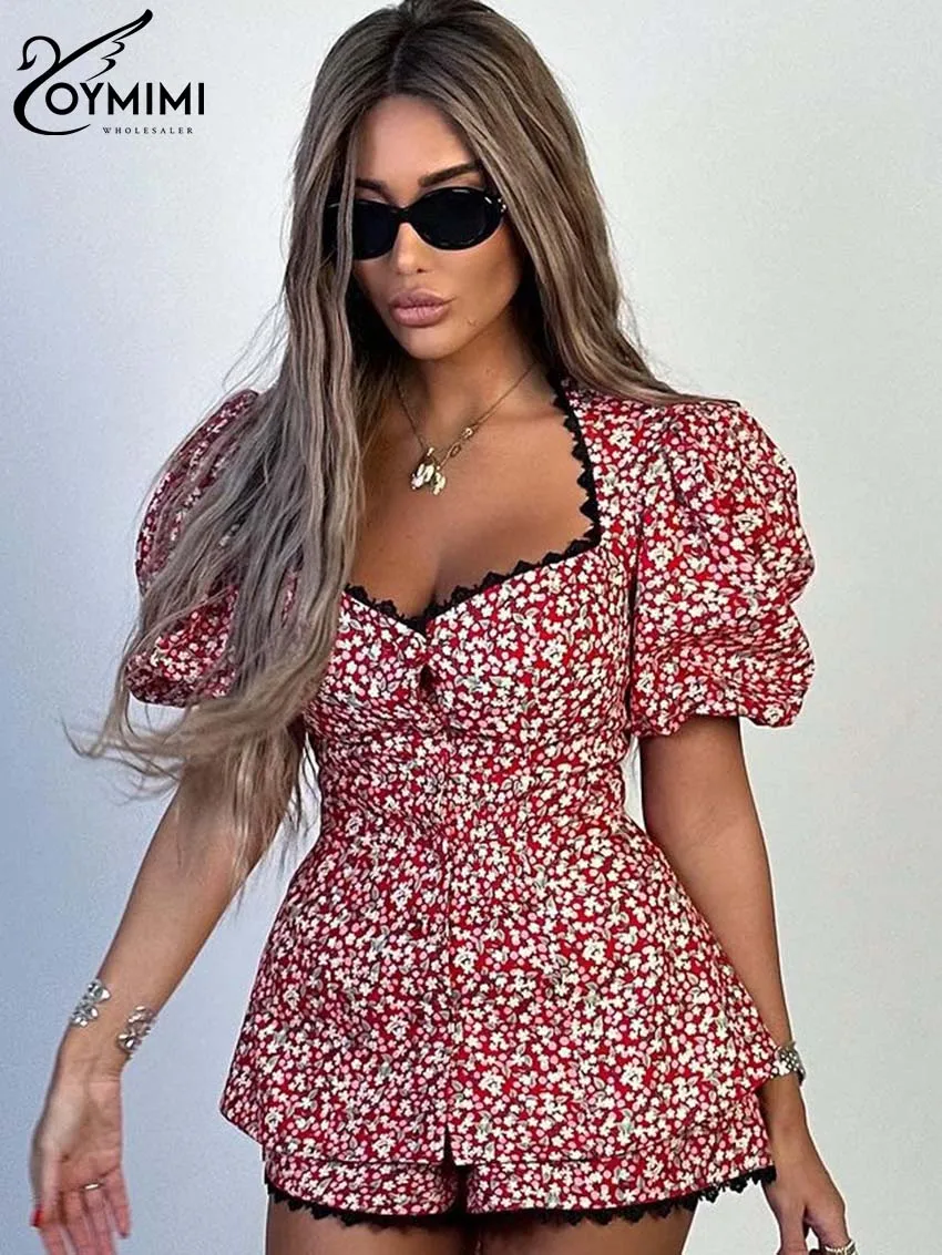 Oymimi Summer Red Print Two Piece Sets For Women Elegant V-Neck Short Sleeve Lace Blouses And High Waisted Shorts Female Sets