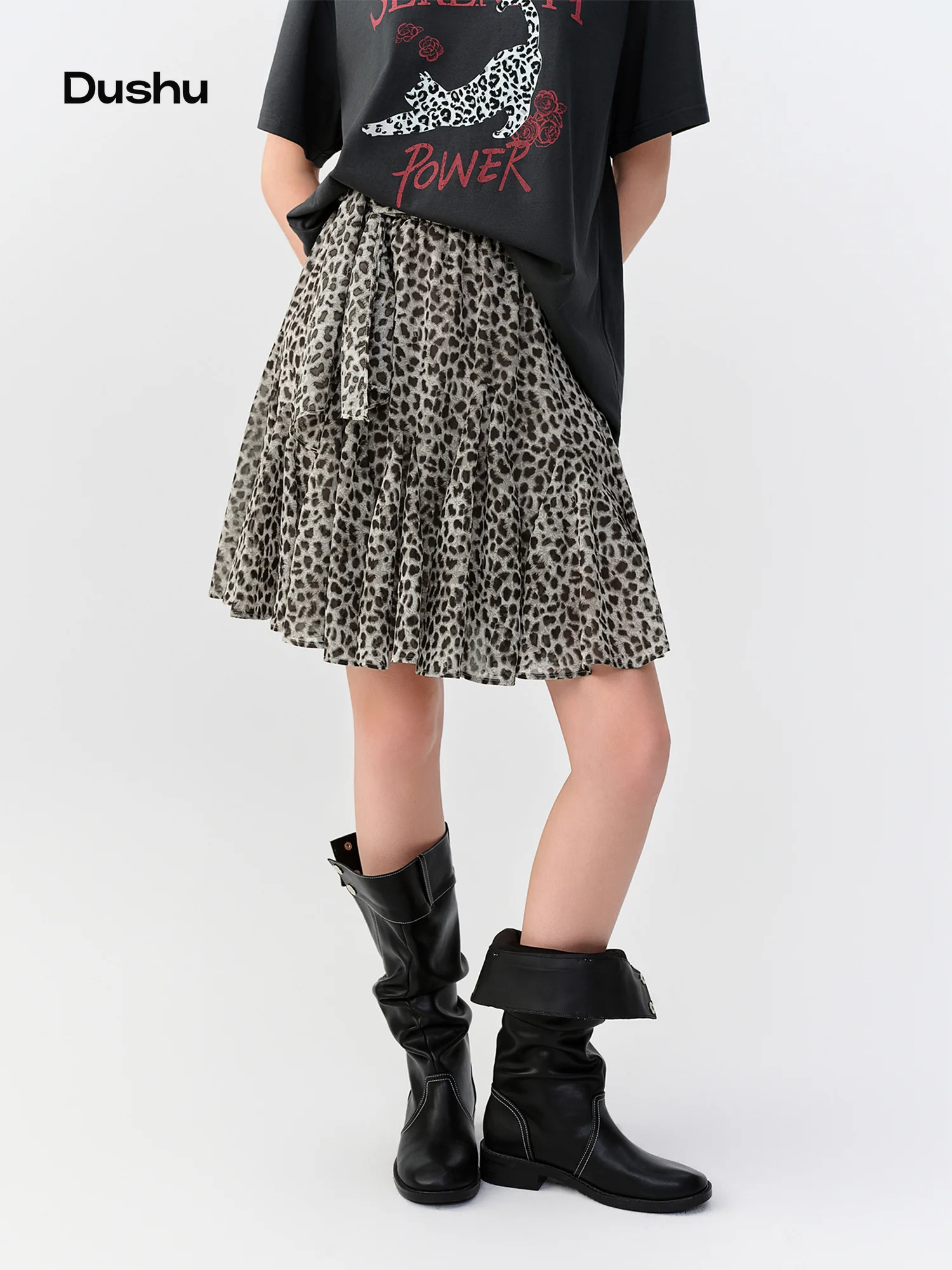 DUSHU Multiple Sizes 2026 Autumn New Women High-Waist Loose Leopard Print Irregular Panel Skirt, Knee-Length Stylish Short Skirt