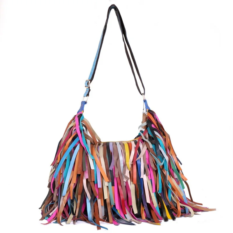 Bolso de mano con borlas de colores para mujer, bolso de mano de retales de piel de oveja de alta calidad, gran capacidad, informal, a la moda, elegante, 2024