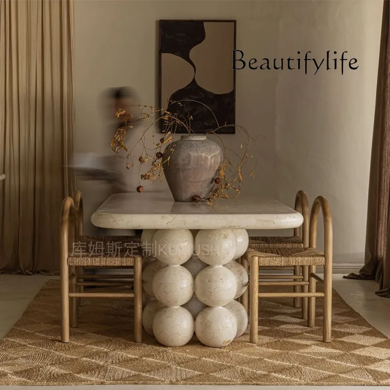 Natural marble French dining table antique spherical leg design villa restaurant rectangular personalized dining table