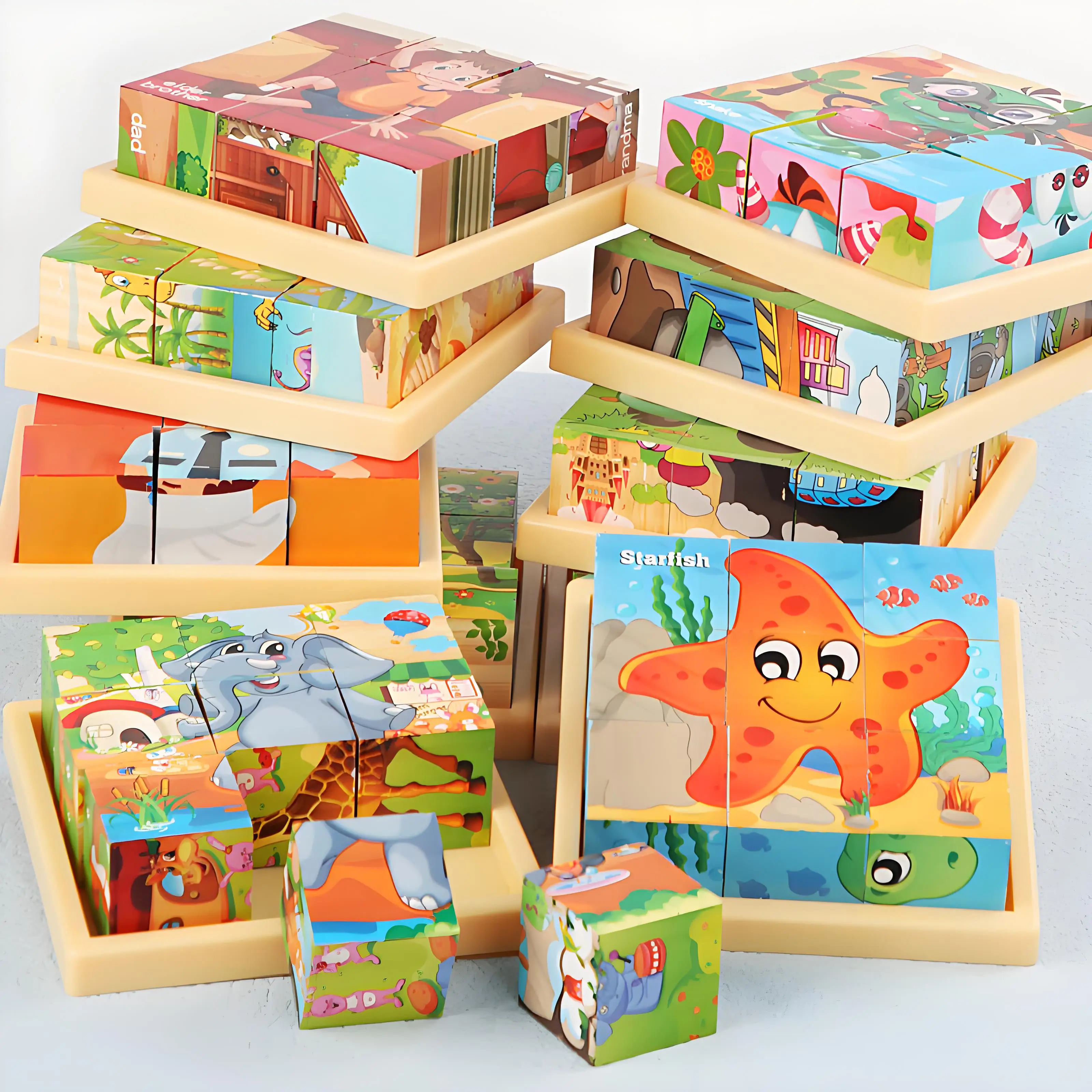 لغز خشبي مكعب ثلاثي الأبعاد، لعبة تعلم مونتيسوري مكونة من 9 قطع للأطفال - دعابة تعليمية للدماغ مع صينية خشبية #5