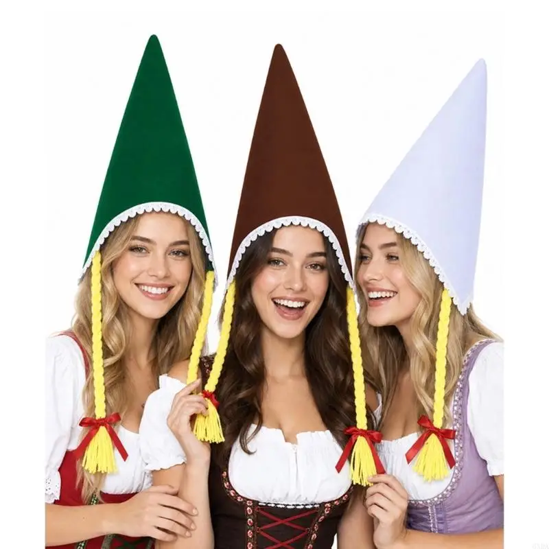 Adult Oktoberfest Hat Accessory, Pointed Party Hat with Braids in Polyester and Size for Costume Use 6XDA