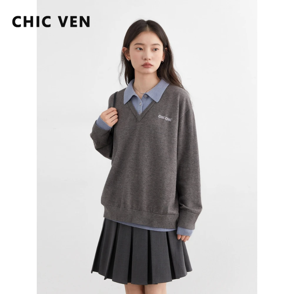 

Женские пуловеры CHIC VEN, свитера, новые женские джемперы с воротником-поло контрастного цвета и вышивкой, осень-зима 2025