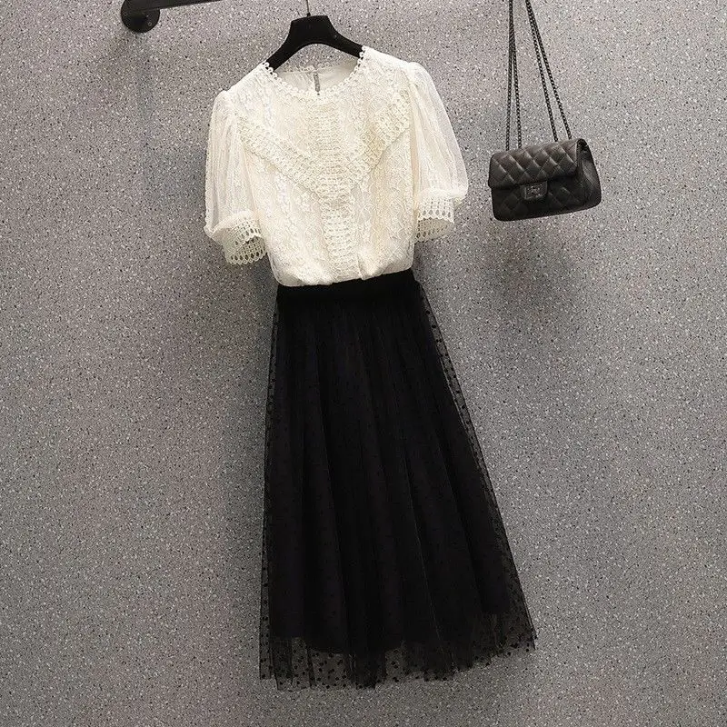 2022 Summer Women Graceful Lace Mesh Shirt A-Line Skirts Two Piece Set Ladies Korean Fashion Puff Sleeve Tops Black Skirt Outfit