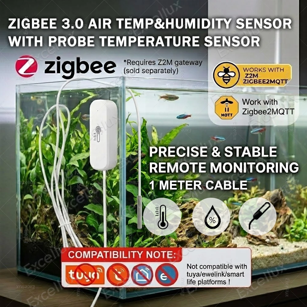 Zigbee Probe Temperature Sensor Air Temp Humidity Detector For Zigbee2MQTT Thermo Hygrometer For Aquarium Wine Cellar Freezer