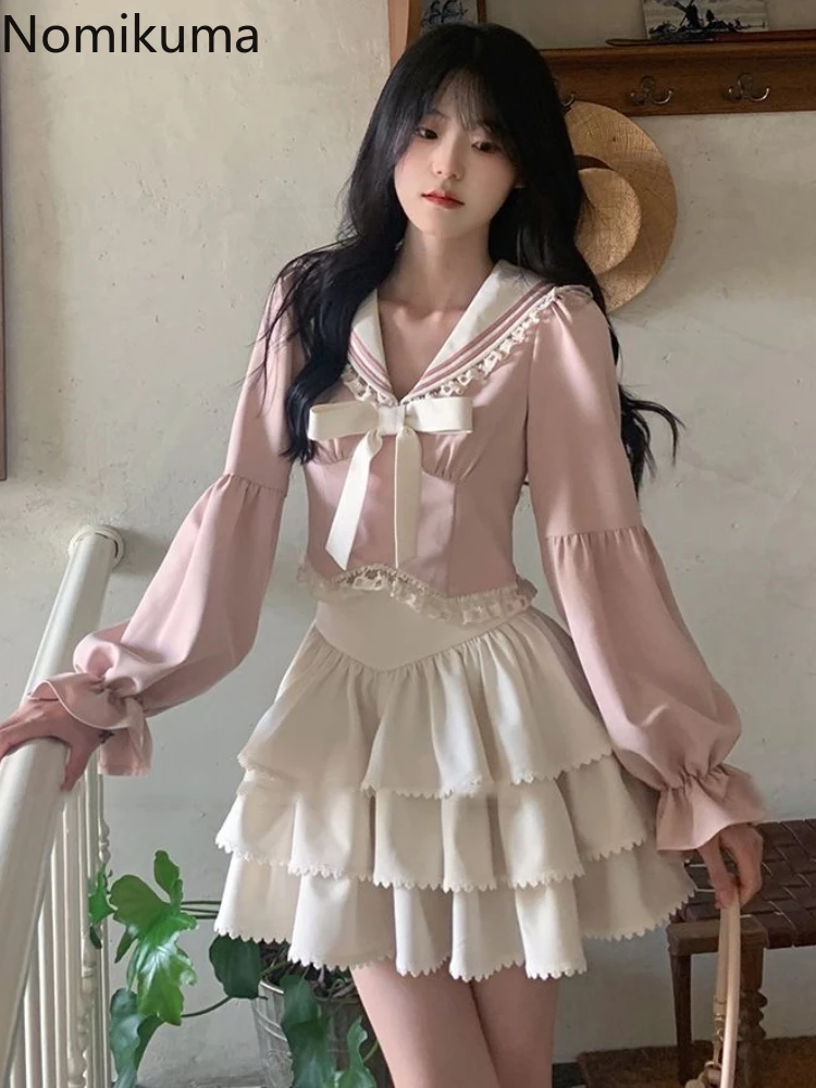 Preppy Style Fashon Two Piece Sets for Women Sailor Collar Bow Crop Shirts Tops High Waist A-line Mini Skirt Outfits Sweet Suit