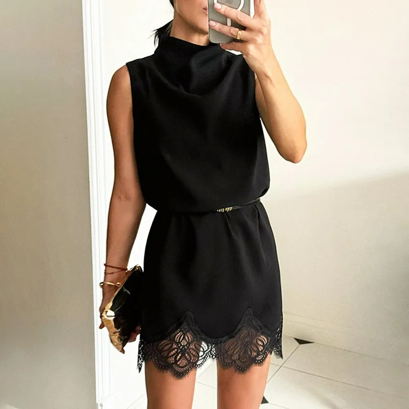 

Ticketsx Fashion Lace Patchwork Dress Women's Black Hollow Out Sleeveless Slim Mini Dress Elegant Casual Commuter Street Dresses