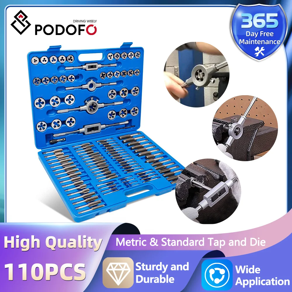 Podofo 110 Piece Metric and Standard Tap and Die Bearing Steel Titanium Tools Set