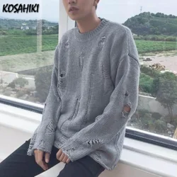 Gothic Grunge Solid Knitted Sweater Men and Women Long Pullovers Loose Hole Punk Sweaters Jumpers Mujer Jersey  Streetwear